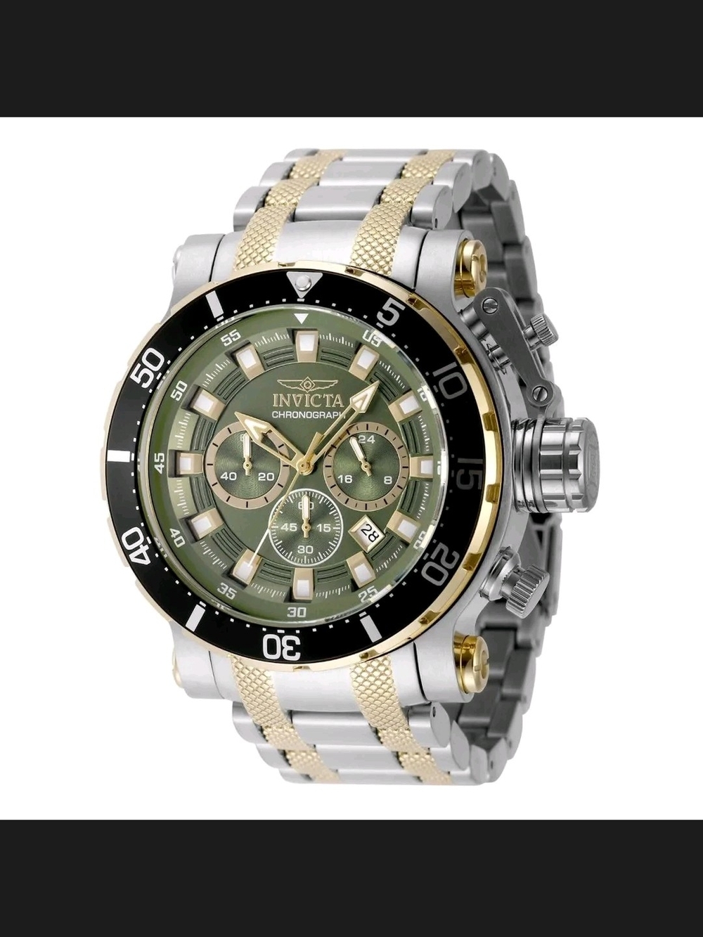 Invicta Two-Tone Silver & Gold Chronograph Watch with Green Dial and Black Bezel